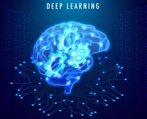 Illustration of a brain with cogs inside and pathways outside and deep learning written above