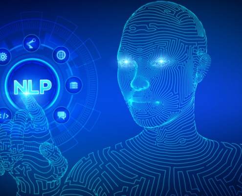 Image of a human made up of lit up lines touching a graphic which reads NLP