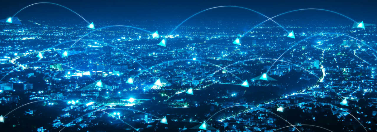Night panoramic view using connectors and arrows to depict an interconnected world