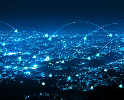 Night panoramic view using connectors and arrows to depict an interconnected world