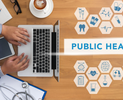 PUBLIC HEALTH CONCEPT Professional doctor use computer and medical equipment all around, desktop top view with copyspace, coffee