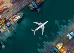 Aerial view and top view cargo plane flying above ship port in the export and import business and Smart logistics international goods. Shipping cargo to harbor by crane