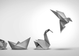 Changing for success as a leadership and business change through innovation and evolution of ability as a crumpled paper transforming into a boat then a swan and a flying bird as a metaphor.